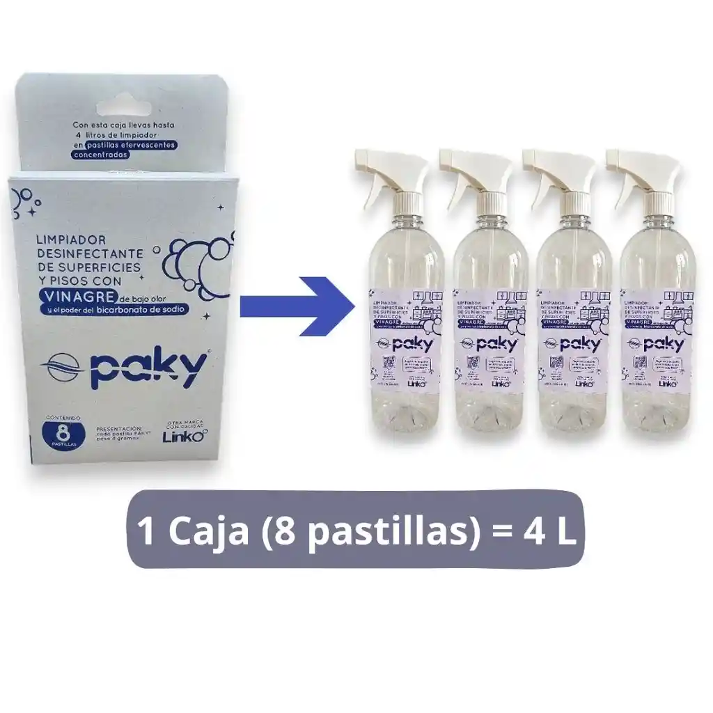 Limpiador Desinfectante Con Vinagre En Pastilla Efervescente Paky Sin Olor, Caja X 8 Und Y Botella Con Atomizador