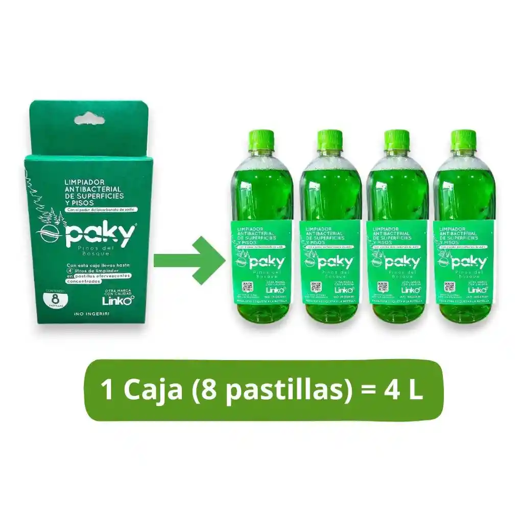 Limpiador Desinfectante Multiusos En Pastillas Efervescentes Paky Con Aroma Pinos Del Bosque En Caja X 8 Unidades Y Botella Con Atomizador