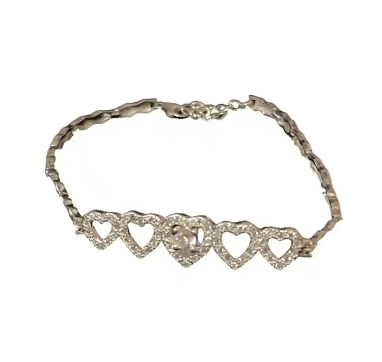 Pulsera Manilla Plata Ley 925 Corazones Brillantes X5 Original + Estuche De Lujo