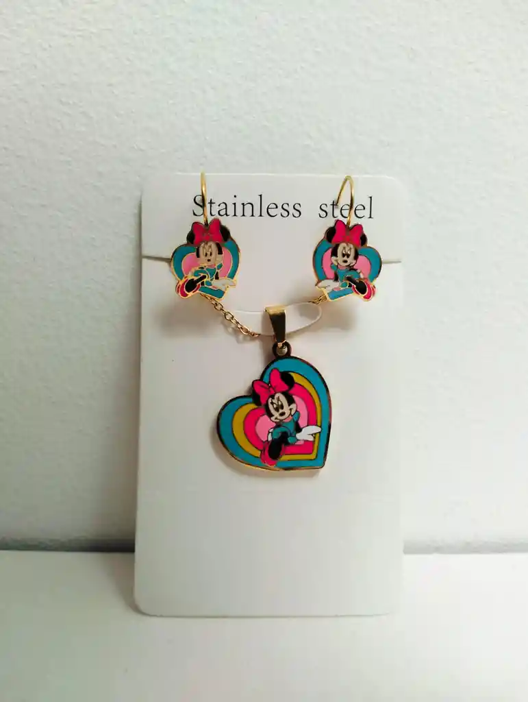 Juego Cadena Dije Y Aretes Minnie Mouse Para Niña