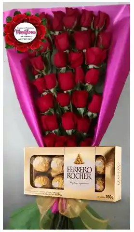 Ramo De Mano Con 24 Rosas Rojas + Caja De Chocolates Ferrero