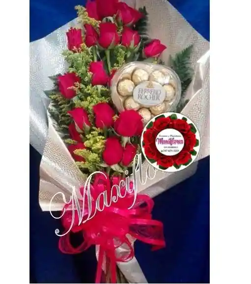 Ramo De Mano Con 15 Rosas Rojas + Caja Corazon De Chocolates Ferrero