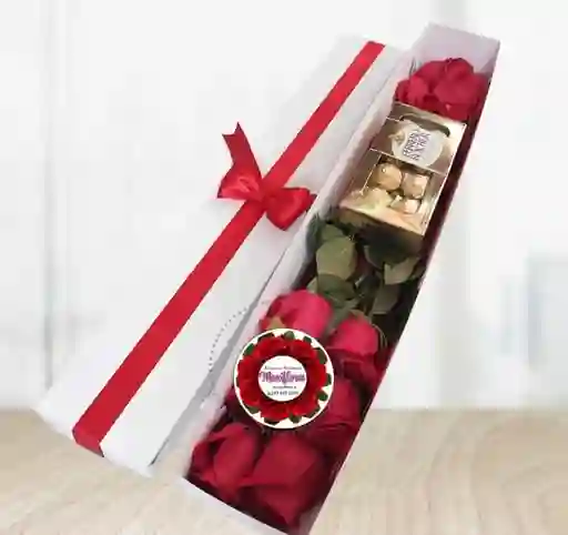 Caja Con 6 Rosas Rojas + Caja De Chocolates Ferrero 8 Unidades