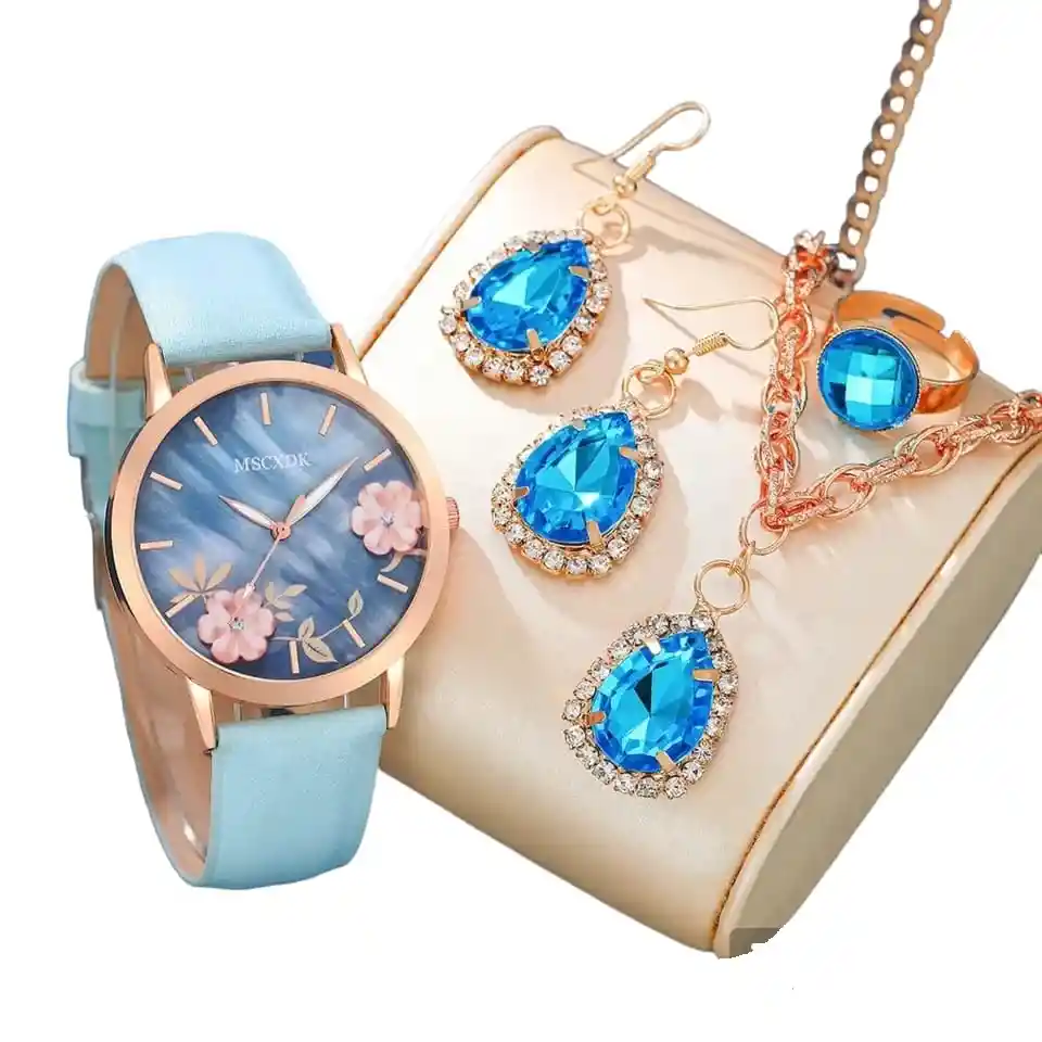 Kit Reloj Azul Claro Para Mujer + Juego De Collar Aretes