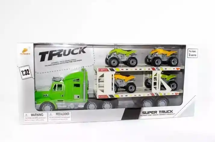 Super Truck Mula Camion Niñera Con 4 Cuatrimotos