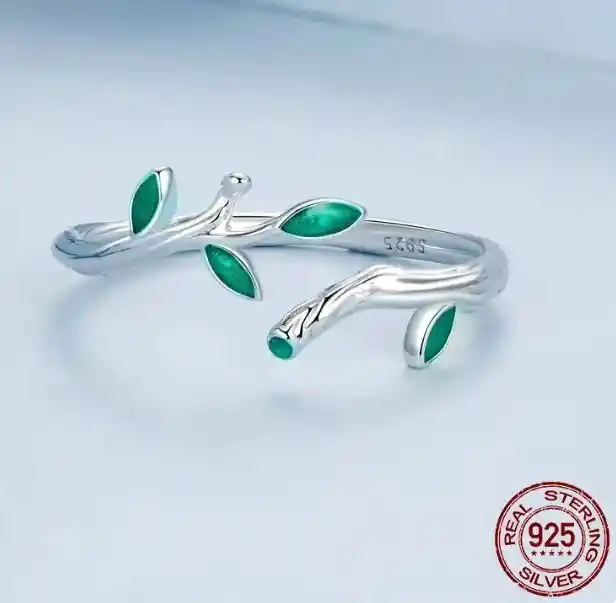 Anillo Ajustable Mujer Hoja Verde Fabricado En Plata 925