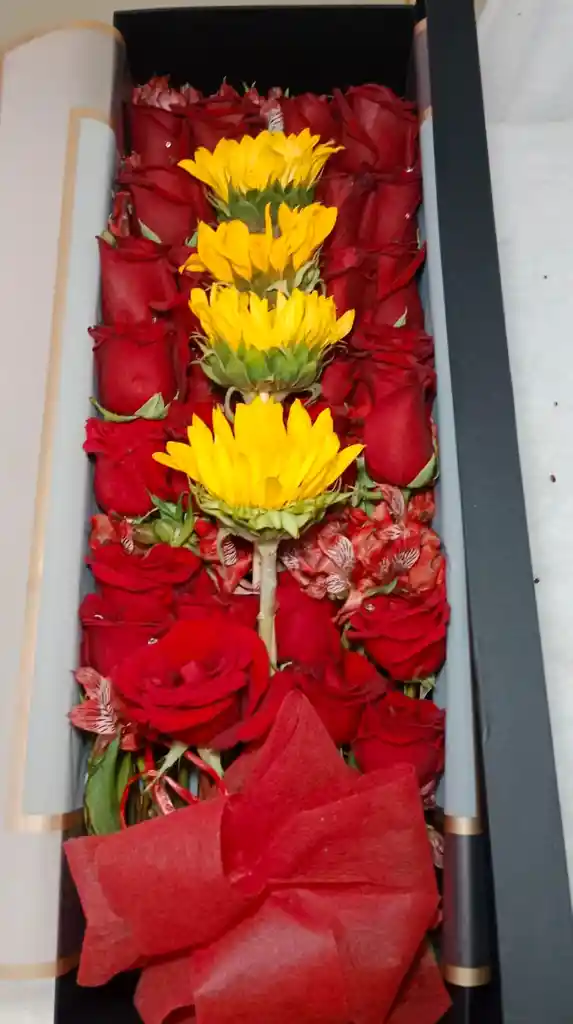 Caja De Rosas Rojas Y Girasol