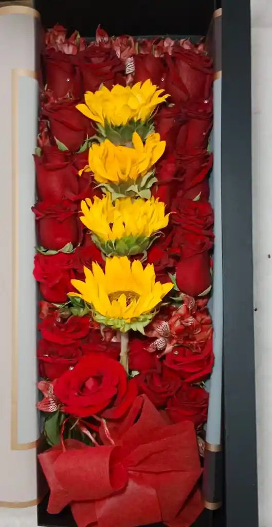 Caja De Rosas Rojas Y Girasol