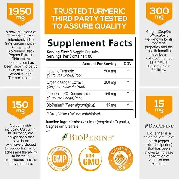 Curcuma Con Bioperine Jengibre 95% Curcuminoides 1950mg