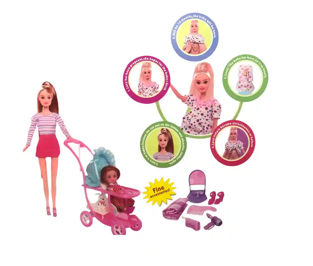 Juguete Muñeca Tipo Barbie Defa Lucy Embarazada Con Coche E Hija + Todos Los Accesorios Ref8049