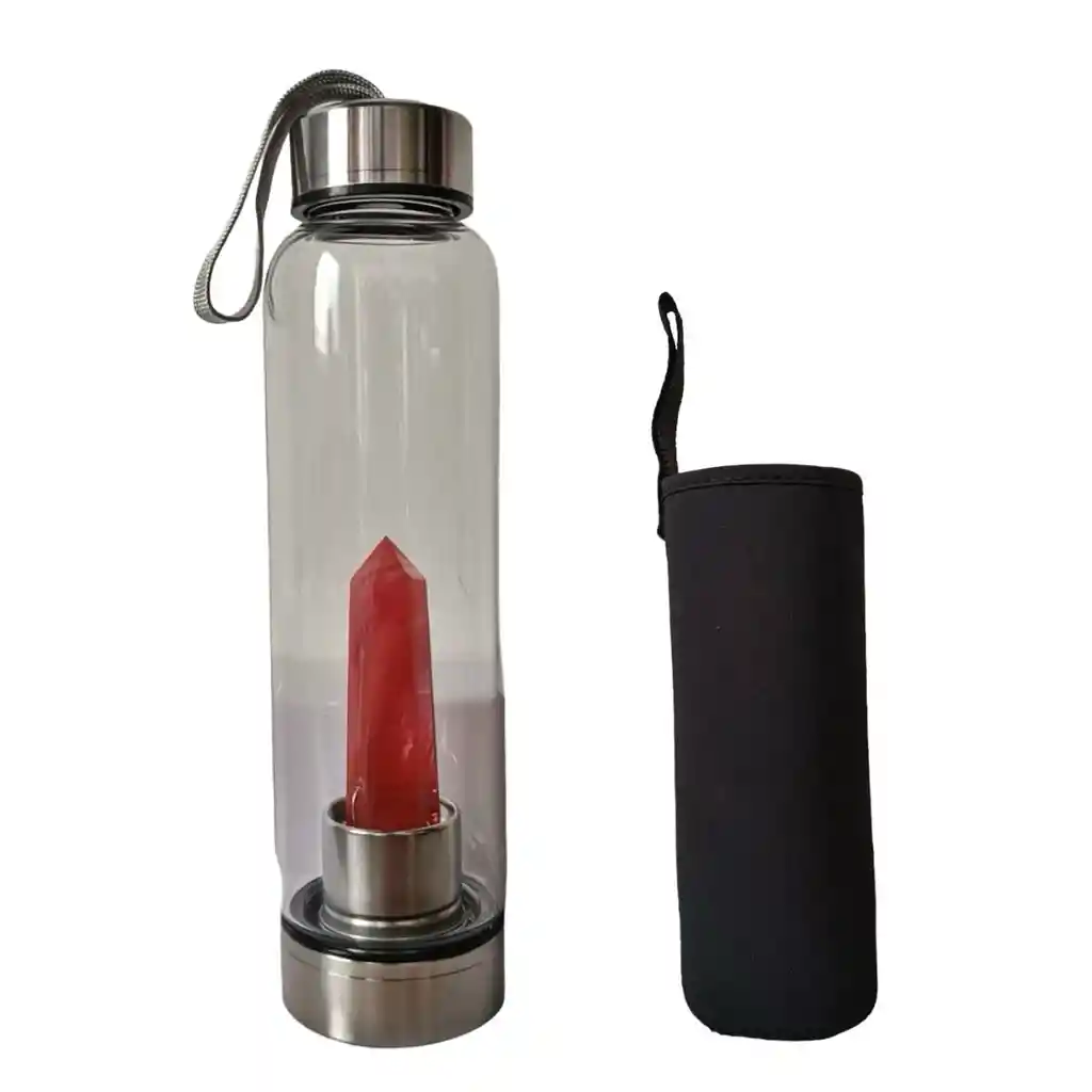 Termo Botella De Agua Con Cristales De Cuarzo Rojo + Estuche Negro