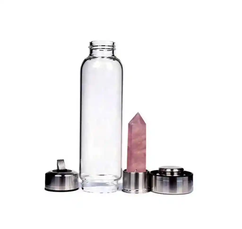 Termo Botella De Agua Con Cristales De Cuarzo Rosa + Estuche Negro