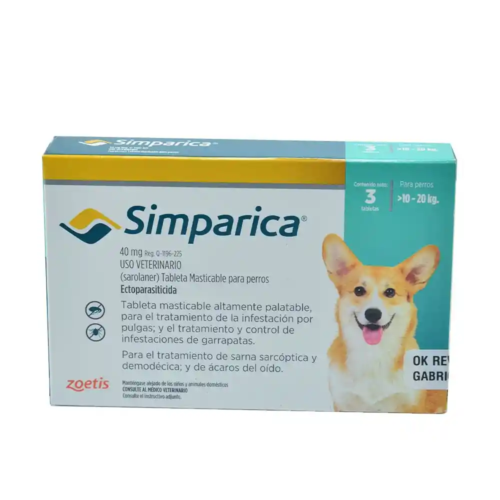 Simparica Antiparasitario Perros. 40 Mg. (de 10 A 20 Kg)