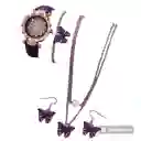 Kit Reloj Mariposa Para Mujer + Juego De Collar Aretes Morado