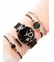 Kit Reloj Negro Para Mujer Reloj Flores Dama Con Pulseras