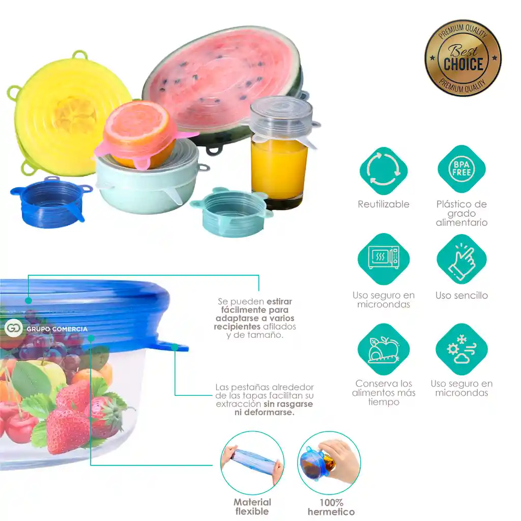 Set X6 Tapas Silicona Ajustables Para Alimentos Libre Bpa