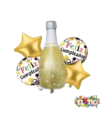 Globo Botella Bouquet Feliz Cumpleaños Dorado