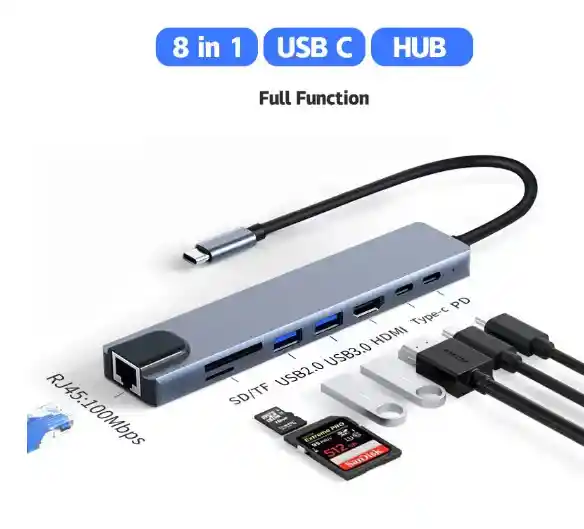 Adaptador 8 En 1 De Red Rj45 Usb Tipo C Hdmi 4k Tf Sd Lector De Usb-c