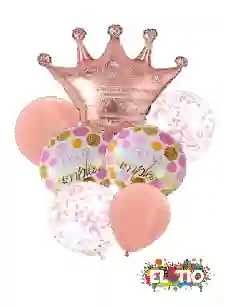 Globo Corona Bouquet Feliz Cumpleaños Oro Rosa