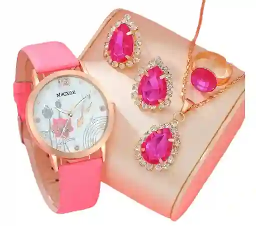 Kit Reloj Rosa Gota Para Mujer + Juego De Collar Aretes Anillo