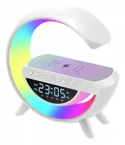 Parlante Luz Velador Led Cargador Inalámbrico Reloj Alarma Color Blanco