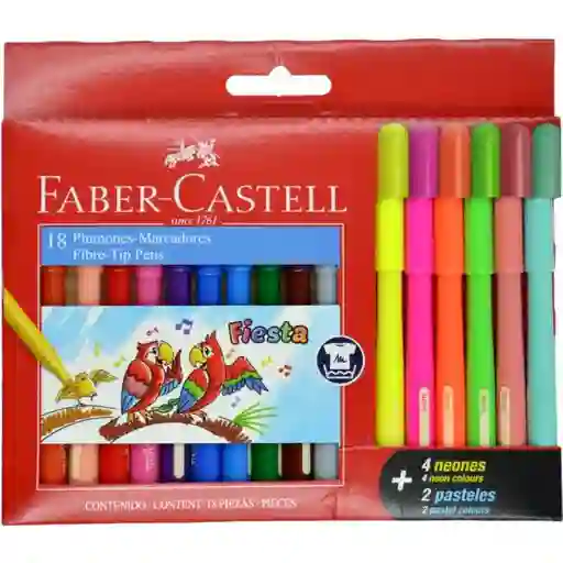 Plumones Lavables Faber-castell 4 Neones Y 2 Pastel Caja X 18