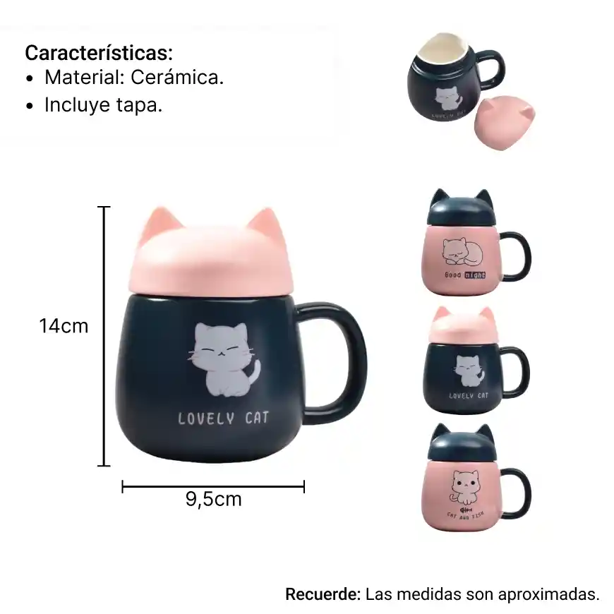 Mug De Gato Ceramica Pocillo Con Tapa