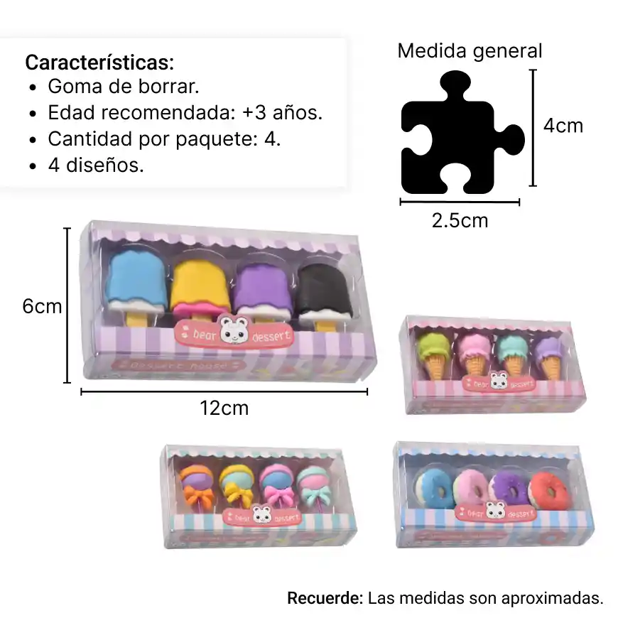Borrador Con Diseños 4 Unidades X 3 Set Niño Niña