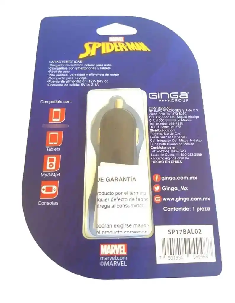 Cargador De Carro Con Puerto Usb Spider-man En Negro