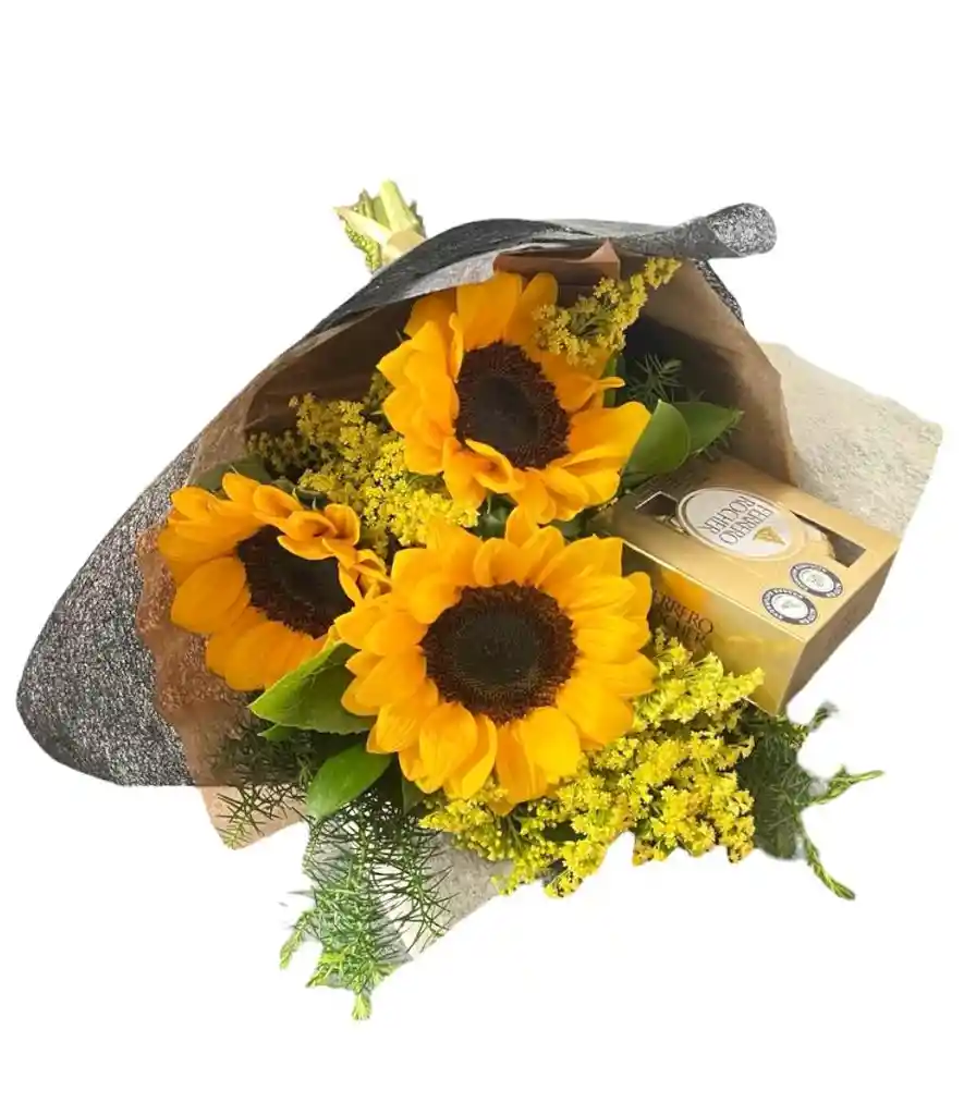 Flores En Ramo De Girasoles Con Chocolates