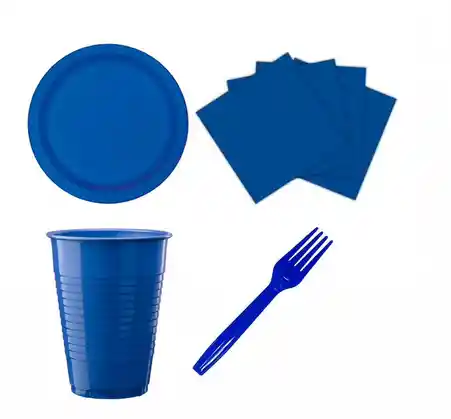 Set Platos, Vasos, Servilletas Y Tenedores Unicolor Azul Oscuro Sempertex