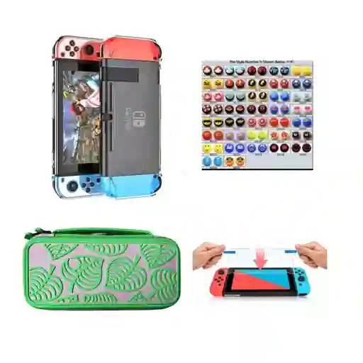 Estuche Animal Crossing + Vidrio + Acrílico + 2 Grips Para Nintendo Switch