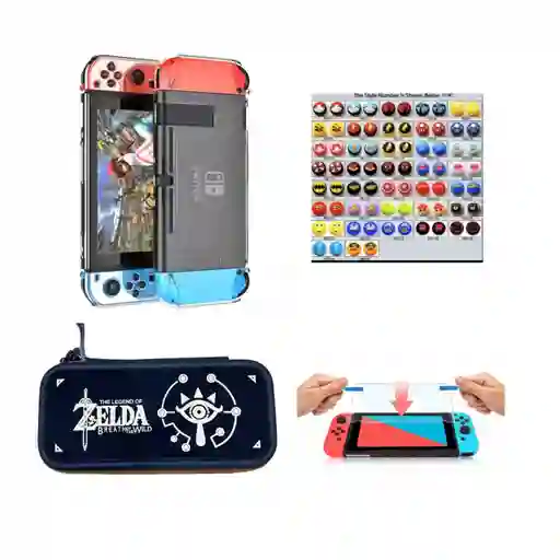 Estuche Zelda Botw + Vidrio + Acrílico + 2 Grips Para Nintendo Switch