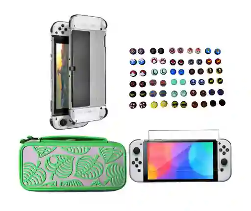 Estuche De Diseño Animal Crossing + Vidrio Templado + Acrílico Protector + 2 Grips Para Nintendo Switch Oled