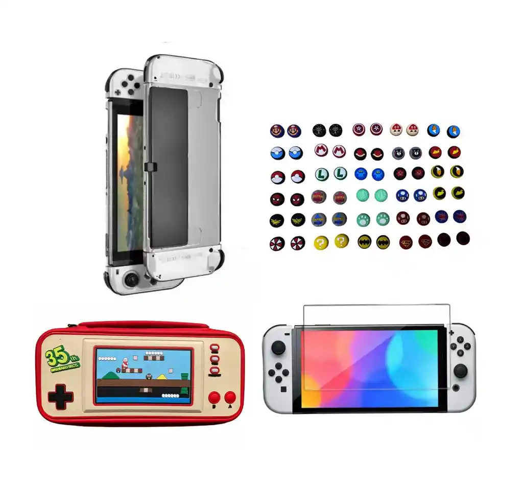 Estuche De Mario 35+ Vidrio Templado + Acrílico Protector + 2 Grips Para Nintendo Switch Oled