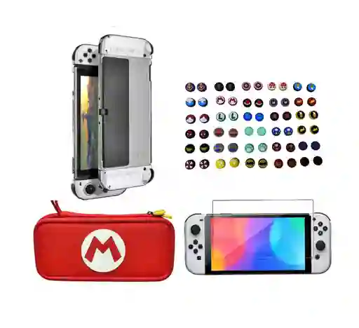 Estuche De Diseño M Mario+ Vidrio Templado + Acrílico Protector + 2 Grips Para Nintendo Switch Oled