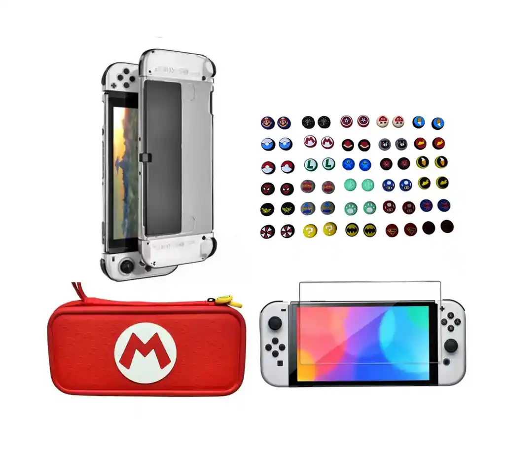 Estuche De Diseño M Mario+ Vidrio Templado + Acrílico Protector + 2 Grips Para Nintendo Switch Oled