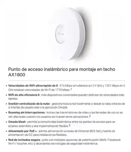 Punto De Acceso Wifi 6 De Montaje En Techo Ax1800 Eap610