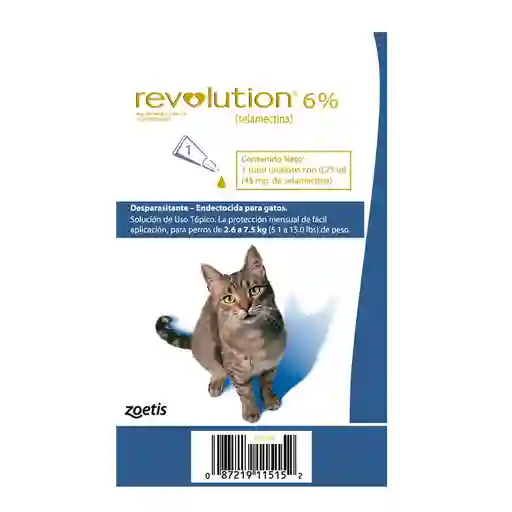 Desparasitante Interno Y Externo Revolution 6% Gatos 2,6 A 7,5 Kg