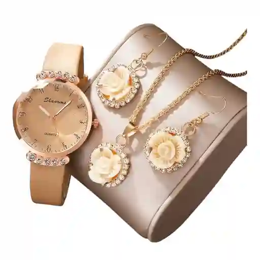 Kit Reloj Flor Para Mujer + Juego De Collar Aretes