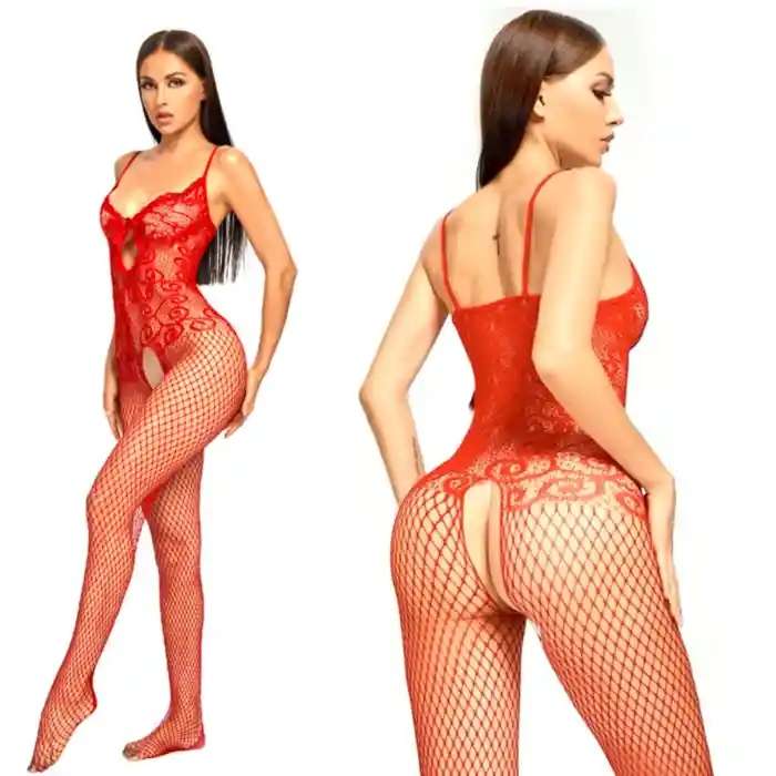 Lenceria Sexy Vestido Con Medias En Malla Erótica Rojo Flexible