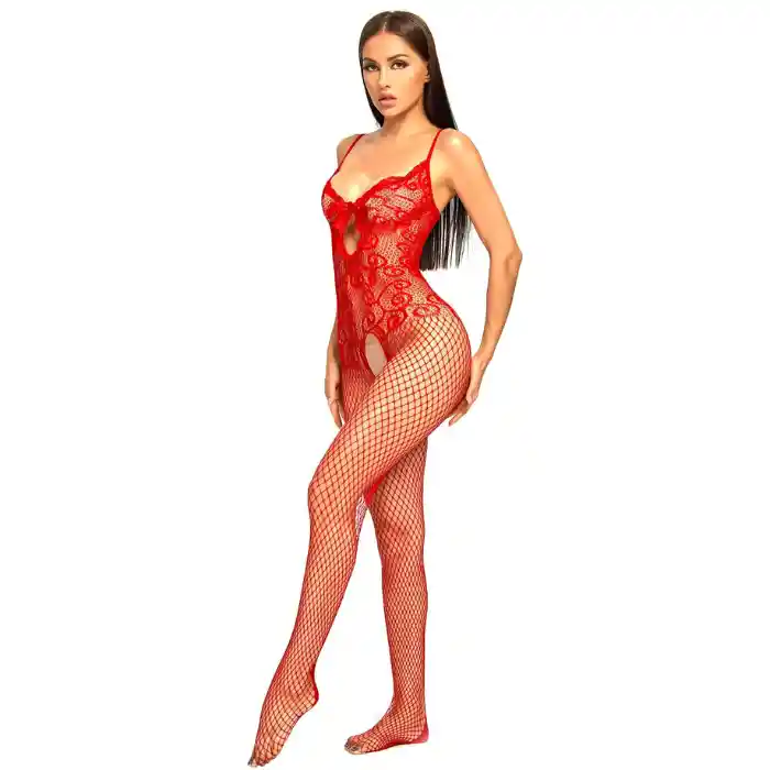 Lenceria Sexy Vestido Con Medias En Malla Erótica Rojo Flexible