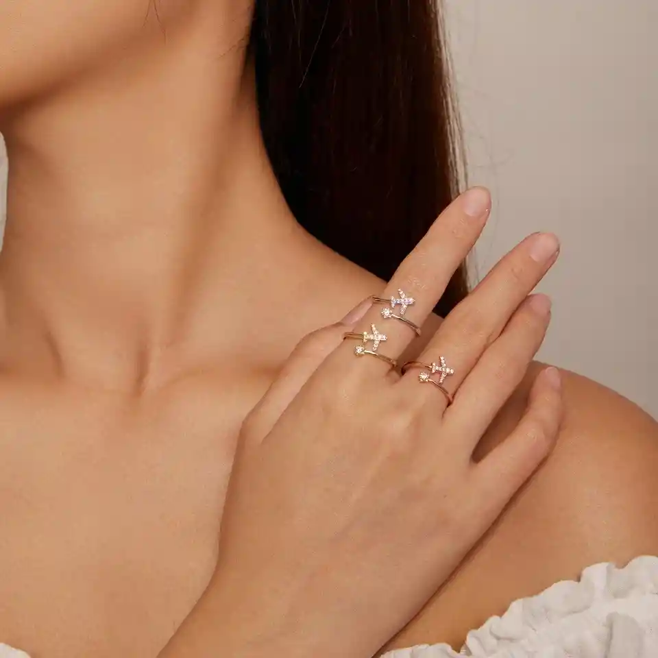 Anillo Ajustable Dorado Para Mujer Avión Viajes En Plata 925