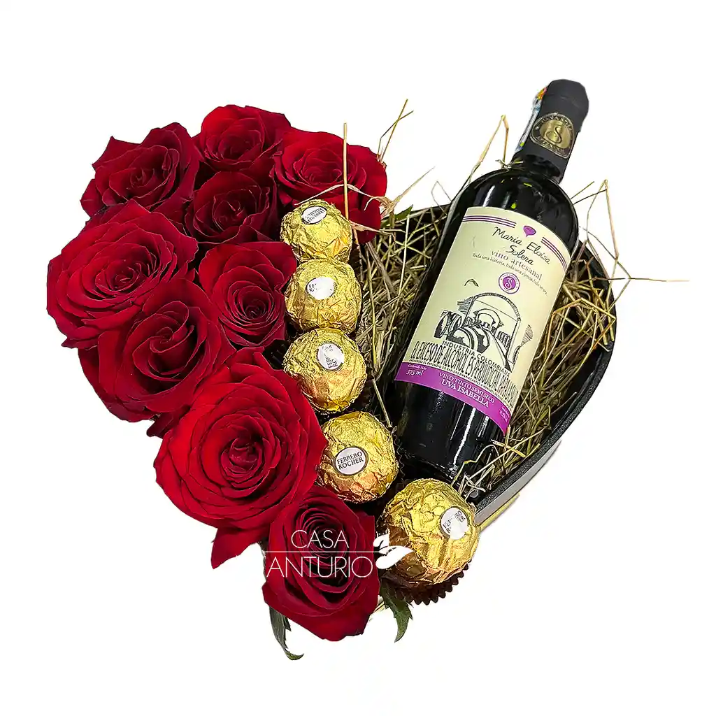 Arreglo Corazón De Rosas, Chocolates Ferrero Rocher Y Vino