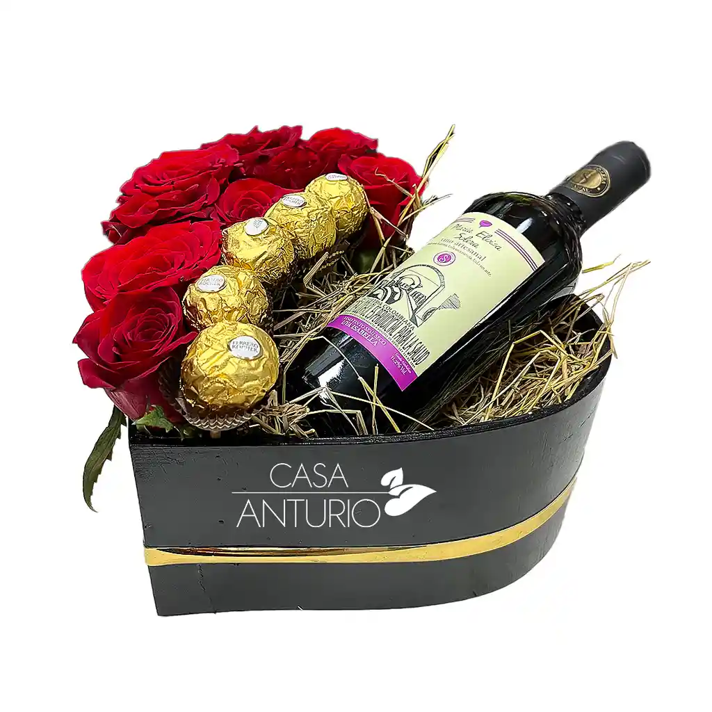 Arreglo Corazón De Rosas, Chocolates Ferrero Rocher Y Vino