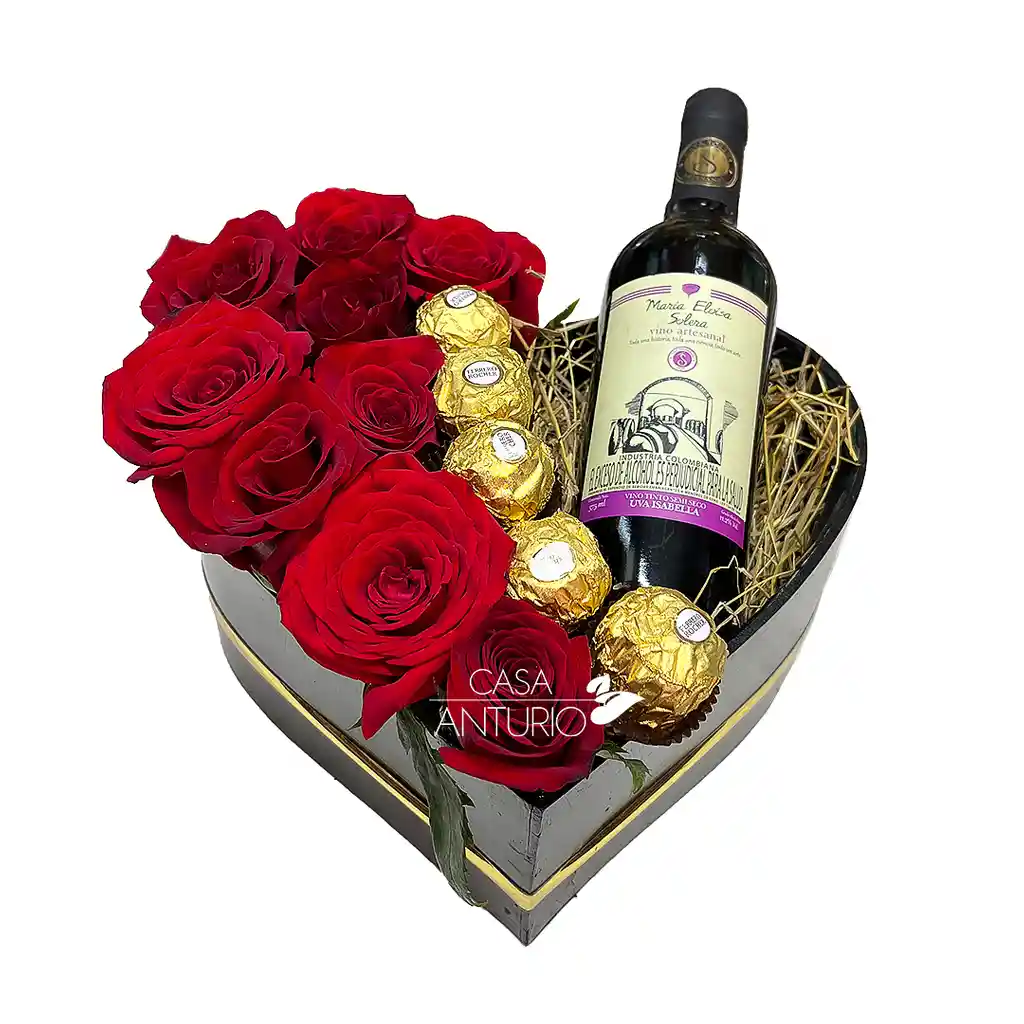 Arreglo Corazón De Rosas, Chocolates Ferrero Rocher Y Vino