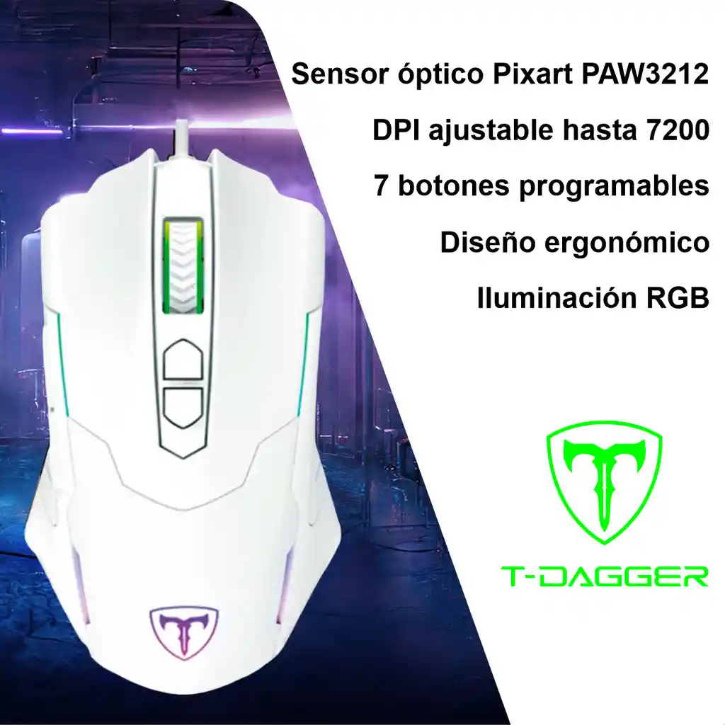 Mouse Gamer T-dagger T-tgm206 Beifadier Rgb 7200dpi Macros Blanco