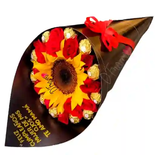 Bouquet De Rosas Un Girasol Y Chocolates Ferrero