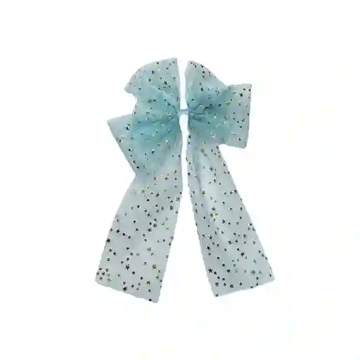 Moño Coquette De Tull Estampado – Azul Con Estrellitas Doradas