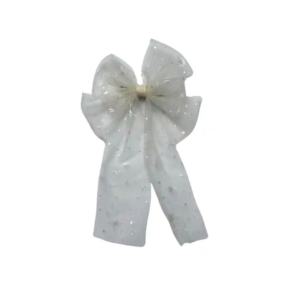 Moño Coquette De Tull Estampado – Blanco Con Estrellitas Plateadas